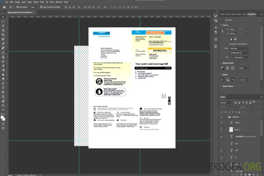 Facture commerciale du service d'eau du Yorkshire, page 1 SCR template